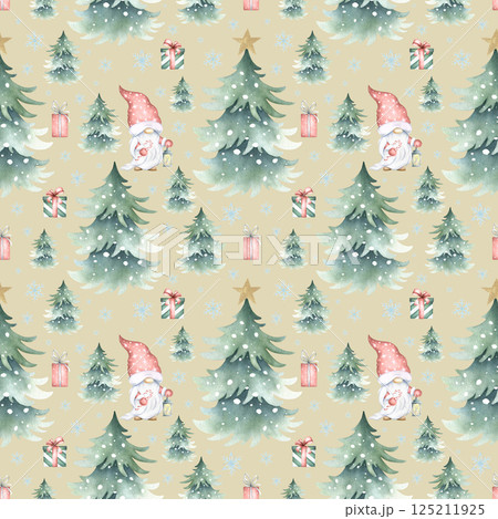 Christmas seamless pattern with gnome, lantern, spruces snow-covered, snowflakes and gift boxes. Watercolor illustration on beige background for New Year festive packaging paper and fabric print 125211925