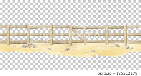 Watercolor wooden farm fence on sand ground seamless border illustration isolated on white. Horizontal repeat background with rustic village decor. Old simple boundary inn pastel beige colors 125212179