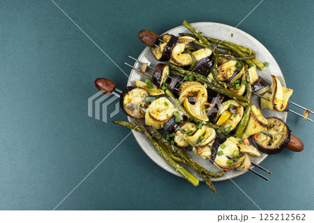 Freshly fish kebabs on skewers, barbecue. 125212562