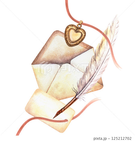 Romantic composition with heart pendant, vintage love letters, name card, quill pen. Elegant watercolor illustration of women's accessories. Ideal Valentine's day decoration, love and feminine themes 125212702