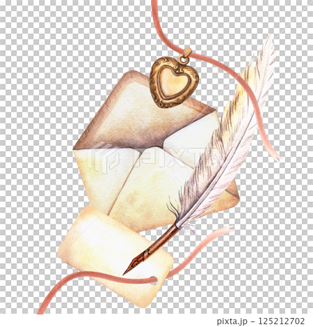 Romantic composition with heart pendant, vintage love letters, name card, quill pen. Elegant watercolor illustration of women's accessories. Ideal Valentine's day decoration, love and feminine themes 125212702