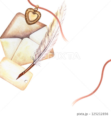 Vintage frame with heart pendant, vintage envelopes, name card, quill pen. Elegant watercolor template for romantic themes with love letters. Ideal Valentine's day decoration, retro and feminine decor 125212856
