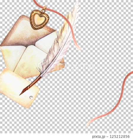 Vintage frame with heart pendant, vintage envelopes, name card, quill pen. Elegant watercolor template for romantic themes with love letters. Ideal Valentine's day decoration, retro and feminine decor 125212856