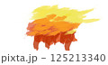 Warm yellow, orange, and red brushstrokes merging into dynamic abstract painting, generating vibrant color interaction against bright white background, modern color spot 125213340