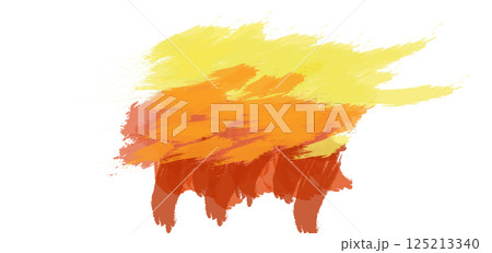 Warm yellow, orange, and red brushstrokes merging into dynamic abstract painting, generating vibrant color interaction against bright white background, modern color spot 125213340
