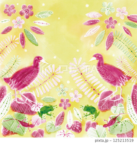 南国の鳥と植物の手描き水彩パターン 南国の鳥と植物の手描き水彩パターン 125213519