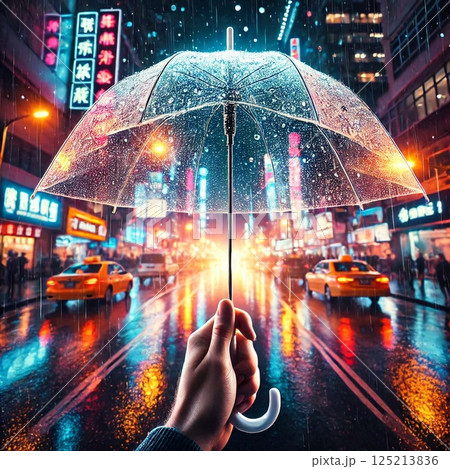 都市の雨風景と透明傘 125213836