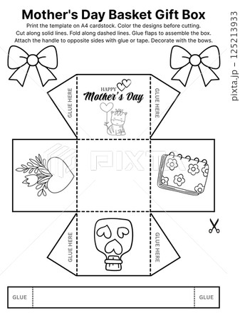 Fun and educational Mothers Day project including printable coloring templates and basket box crafts for children to cut, decorate, and present to mom as a surprise 125213933