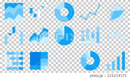 Blue graph icon set: pie chart, stacked bar graph, radar chart, candlestick chart, box plot 125214171
