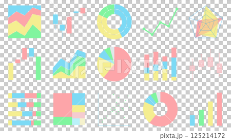 Colorful graph icon set: pie chart, stacked bar graph, radar chart, candlestick chart, box plot 125214172