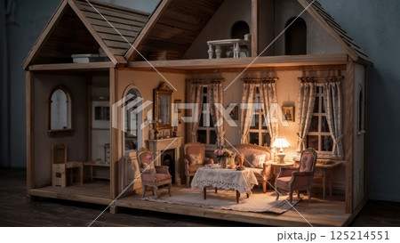 A beautifully lit miniature model of a cozy room, featuring a table, chairs, shelves, and a window with soft natural light streaming in. The warm lighting creates a peaceful and inviting atmosphere, h A beautifully lit miniature model of a cozy room, featuring a table, chairs, shelves, and a window with soft natural light streaming in. The warm lighting creates a peaceful and inviting atmosphere, h 125214551