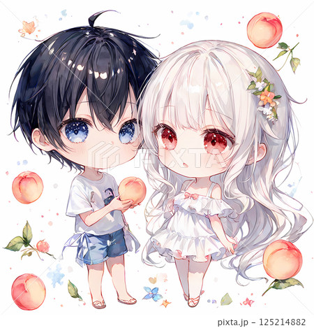 桃を差し出す男の子。アルビノの少女と碧眼の青年の桃狩り。アニメ風ミニチュアキャラクターのAIイラスト 125214882