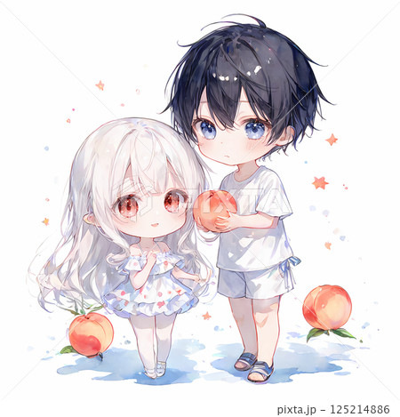 桃を差し出す男の子。アルビノの少女と碧眼の青年の桃狩り。アニメ風ミニチュアキャラクターのAIイラスト 桃を差し出す男の子。アルビノの少女と碧眼の青年の桃狩り。アニメ風ミニチュアキャラクターのAIイラスト 125214886