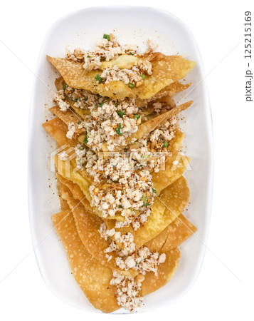 Top view of Fried pork dumpling, focus selective Top view of Fried pork dumpling, focus selective 125215169