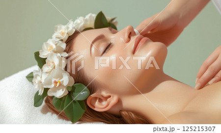 Relaxing spa treatment scene with a professional applying a facial mask while a client enjoys the rejuvenating experience. Soft lighting, candles, and flowers create a calm and tranquil atmosphere. Co 125215307