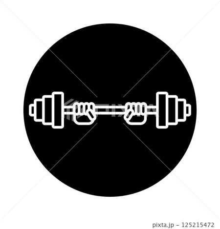 Hands lifted barbell weight. Round icon. Black white silhouette. Isolated vector illustration on white background. 125215472