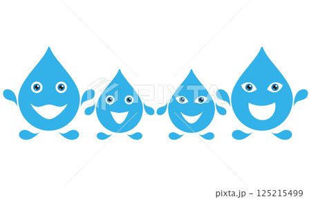 Cheerful happy family with children from blue water droplets. Cute smiling drops of water with faces. Mom and dad, son and daughter. Set of vector illustrations. 125215499