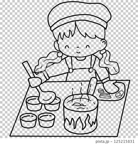 outline cartoon of a little girl cooking 125215831