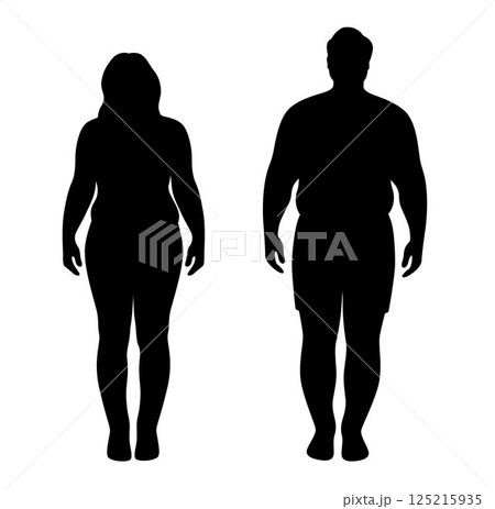 Overweight man and woman silhouette, weight loss, Large Man and woman on white background	 125215935