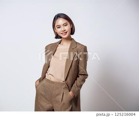 ジェンダーレスファッションの服を着た若いビジネスウーマンのイメージ素材 125216004