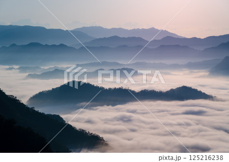 Mist-Draped Mountain Dawn in Xindian, New Taipei City, Taiwan. 125216238