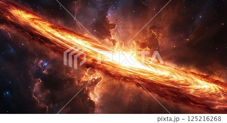 Hyper-realistic space scene featuring a fiery galactic vortex with a blazing white energy beam Hyper-realistic space scene featuring a fiery galactic vortex with a blazing white energy beam 125216268