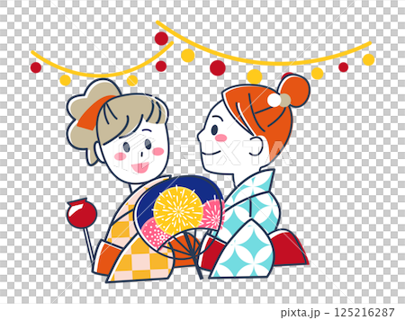 兩位身穿浴衣的年輕女子正享受夏日祭典[向量插圖素材] 125216287