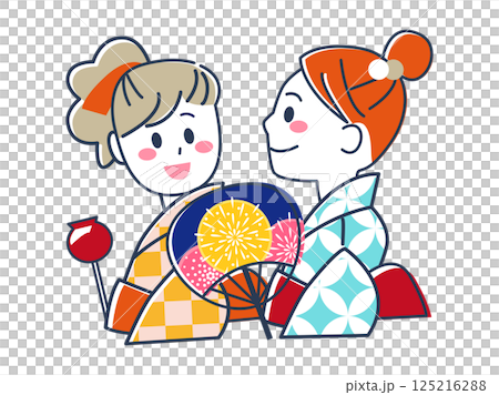 兩位身穿浴衣的年輕女子正享受夏日祭典[向量插圖素材] 125216288