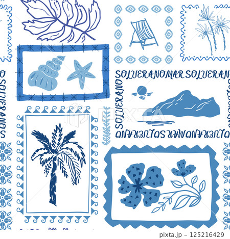 Blue tropical beach stamps seamless pattern. Vector hand drawn palm tree, flowers, sea island, sea shells print 125216429