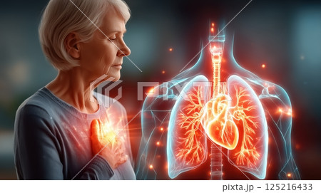 Senior woman holding her chest in pain with glowing 3D heart and lungs representation. Concept of heart disease and health issues. Medical and health awareness atmosphere Senior woman holding her chest in pain with glowing 3D heart and lungs representation. Concept of heart disease and health issues. Medical and health awareness atmosphere 125216433