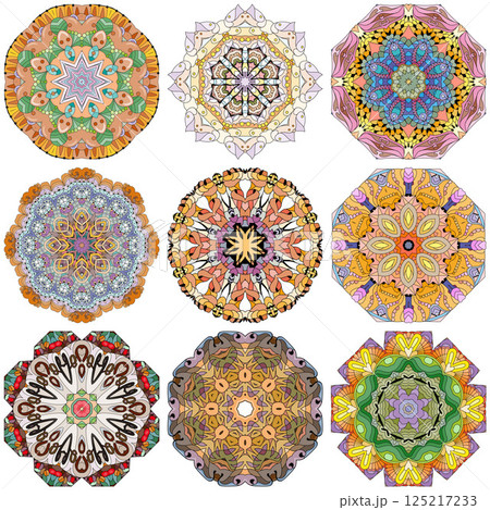 Set of colorful cute Mandalas. Decorative unusual round ornaments. 125217233