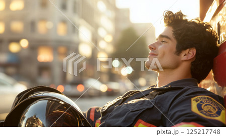 Smiling firefighter in uniform holding helmet outside, bright sunny day 125217748