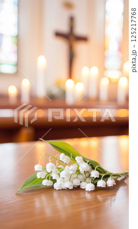 Lily-of-the-valley bouquet on a church altar symbolizing chrismation Lily-of-the-valley bouquet on a church altar symbolizing chrismation 125217768