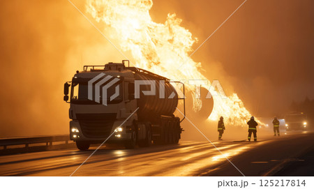 Fire truck wheel with active fire scene in background 125217814