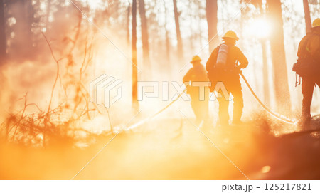 Firefighters walking through forest in early morning light, atmospheric scene 125217821