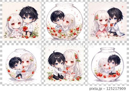 草莓收穫。一個白化病女孩和一個藍眼睛的年輕人去採草莓。動漫風格微型人物剪貼畫集 125217909