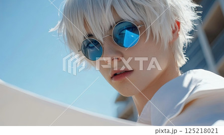 Stylish young man with platinum hair and round sunglasses 125218021