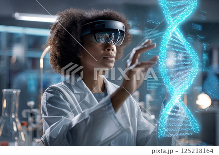 Female scientist wearing an AR headset interacting with a holographic DNA structure. A female scientist analyzes a holographic DNA structure, demonstrating the fusion of biology and technology. Female scientist wearing an AR headset interacting with a holographic DNA structure. A female scientist analyzes a holographic DNA structure, demonstrating the fusion of biology and technology. 125218164