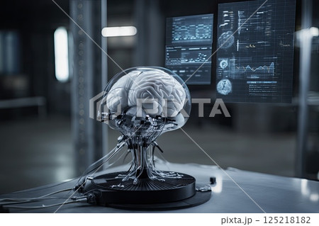 Human brain with wires and sensors. The birth of artificial intelligence. Digitalization of thinking. A glimpse into the future where brain and technology collaborate seamlessly. 125218182