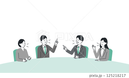 会議テーブルを囲み意見を交わすビジネスパーソンのイラスト、上部にタイトルスペース、ベクター 会議テーブルを囲み意見を交わすビジネスパーソンのイラスト、上部にタイトルスペース、ベクター 125218217