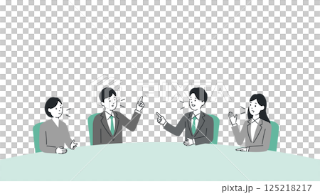 会議テーブルを囲み意見を交わすビジネスパーソンのイラスト、上部にタイトルスペース、ベクター 会議テーブルを囲み意見を交わすビジネスパーソンのイラスト、上部にタイトルスペース、ベクター 125218217