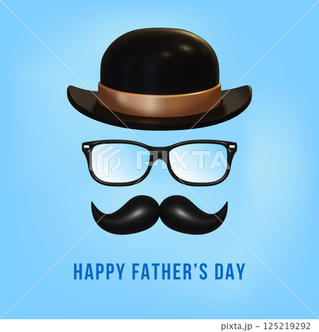 Happy Fathers day banner, poster, card. Concept for Father's Day with glasses, realistic Bowler hat and moustache. Vector. 125219292