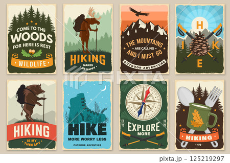 Outdoor adventure flyer, poster, banner design. Vector. Concept for shirt or logo, print, stamp or tee. Vintage typography design with trekking sticks, hiking moose, boar, compass. Outdoor adventure flyer, poster, banner design. Vector. Concept for shirt or logo, print, stamp or tee. Vintage typography design with trekking sticks, hiking moose, boar, compass. 125219297