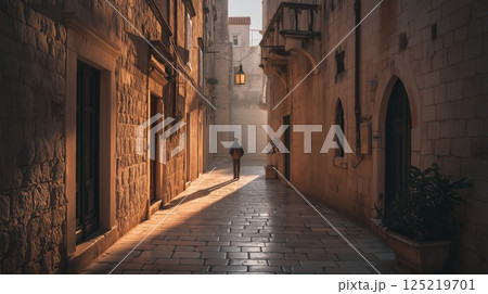Traveler Walking Through Historic Alley at Sunset 125219701