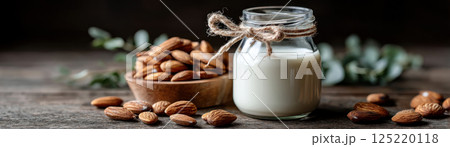 Making almond milk homemade recipe kitchen food photography rustic close-up healthy living 125220118