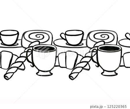 Elegant minimalistic border with coffee cups, croissants, pastries on white background, seamless border for many purposes. Elegant minimalistic border with coffee cups, croissants, pastries on white background, seamless border for many purposes. 125220365