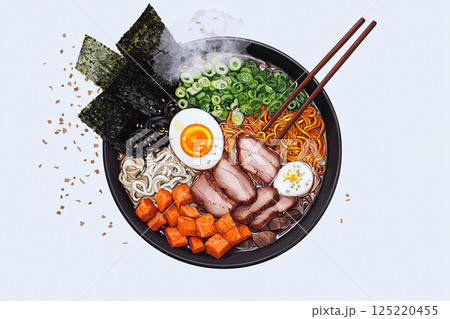Steaming ramen bowl with pork, egg, seaweed and vibrant toppings, perfect for cozy comfort food 125220455