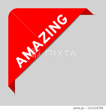 Red color of corner label banner with word amazing on gray background 125220766
