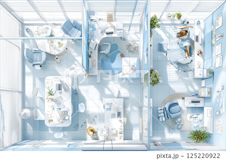 白と水色のオフィスの俯瞰構図イラスト素材 白と水色のオフィスの俯瞰構図イラスト素材 125220922