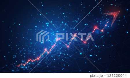 A glowing red arrow made of digital lines and particles rises sharply upward against a futuristic blue network background 125220944